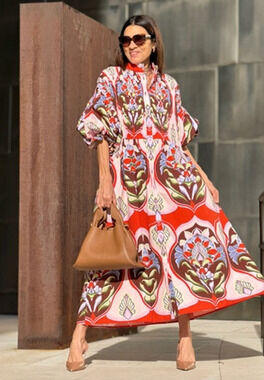 MARIELLE ALMELO Stokkelaar OS S M L Phoebe Red Print Midi Dress Puff Sleeve NWT